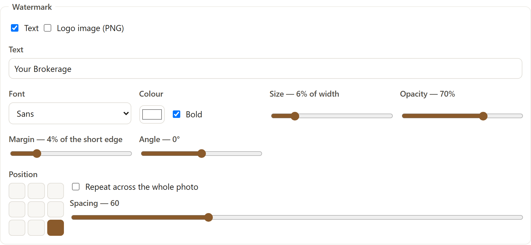 SignetDrop's Watermark settings with a text mark reading Your Brokerage, a font, size, opacity and margin sliders, and the bottom-right corner selected.