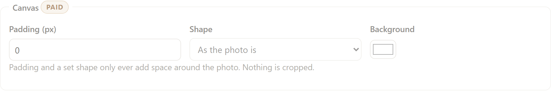 SignetDrop's Canvas settings as a free user sees them, labelled Canvas with a Paid badge: a Padding box set to 0, a Shape menu reading As the photo is, and a white Background colour swatch, all greyed out, above a note reading that padding and a set shape only ever add space around the photo and nothing is cropped.
