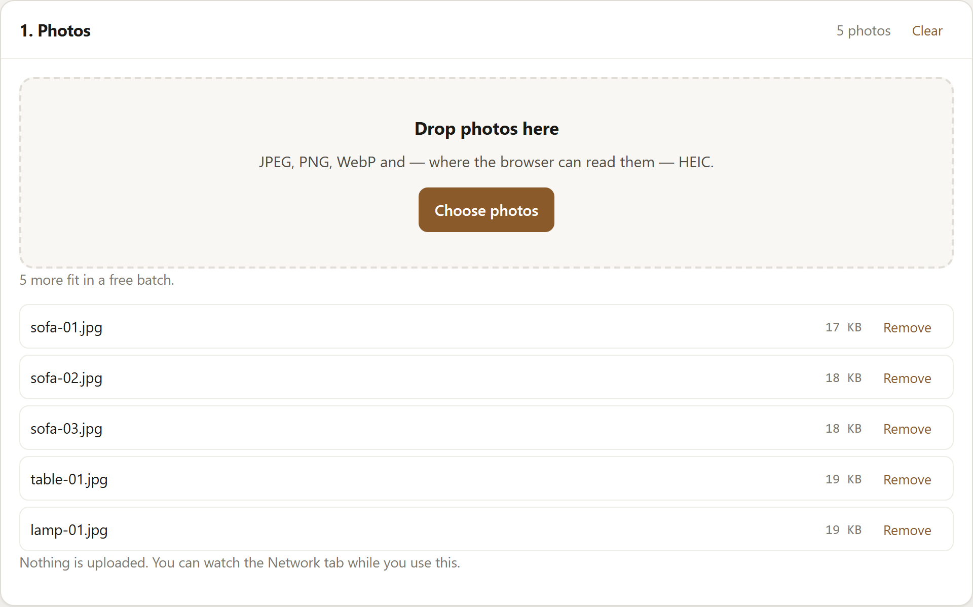 The Photos panel of SignetDrop with five JPEG files from a listing added — sofa-01.jpg to lamp-01.jpg — each shown with its size and a Remove button, under a dashed drop area reading Drop photos here and a note reading Nothing is uploaded.
