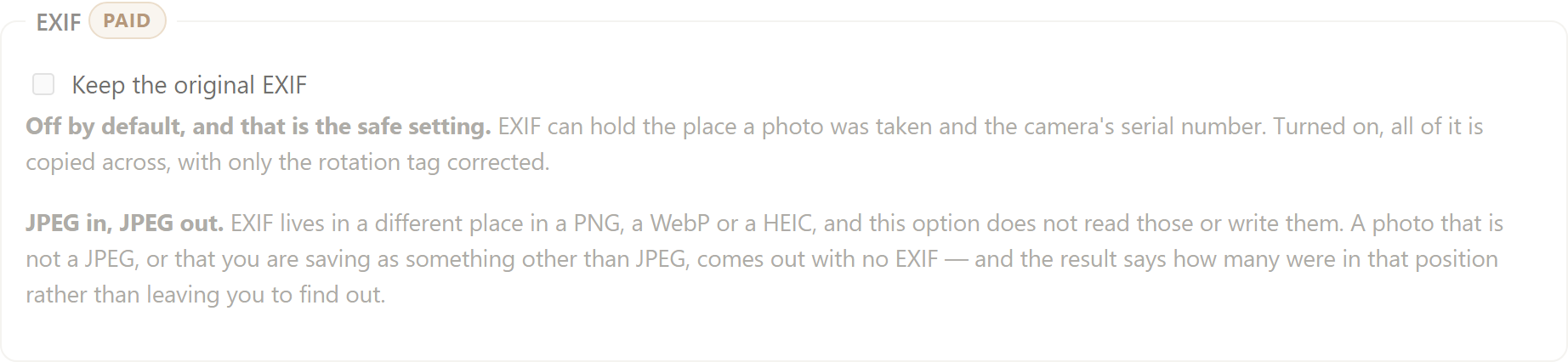 SignetDrop's EXIF settings, labelled Paid, with the checkbox Keep the original EXIF unticked and greyed out, above notes reading Off by default, and that is the safe setting, and JPEG in, JPEG out.