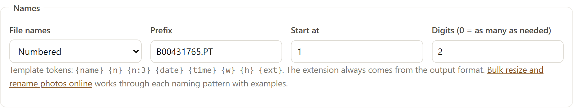 SignetDrop's Names settings: File names set to Numbered, Prefix B00431765.PT, Start at 1 and Digits 2, with a note below listing the template tokens.