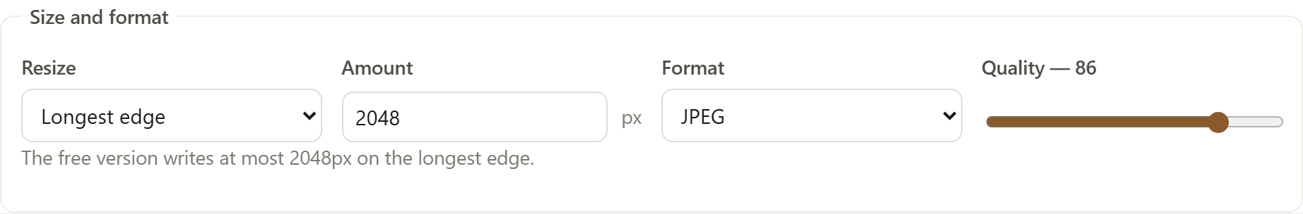 SignetDrop's Size and format settings: Resize set to Longest edge, Amount 2048 px, Format JPEG, Quality 86, and a note reading The free version writes at most 2048px on the longest edge.