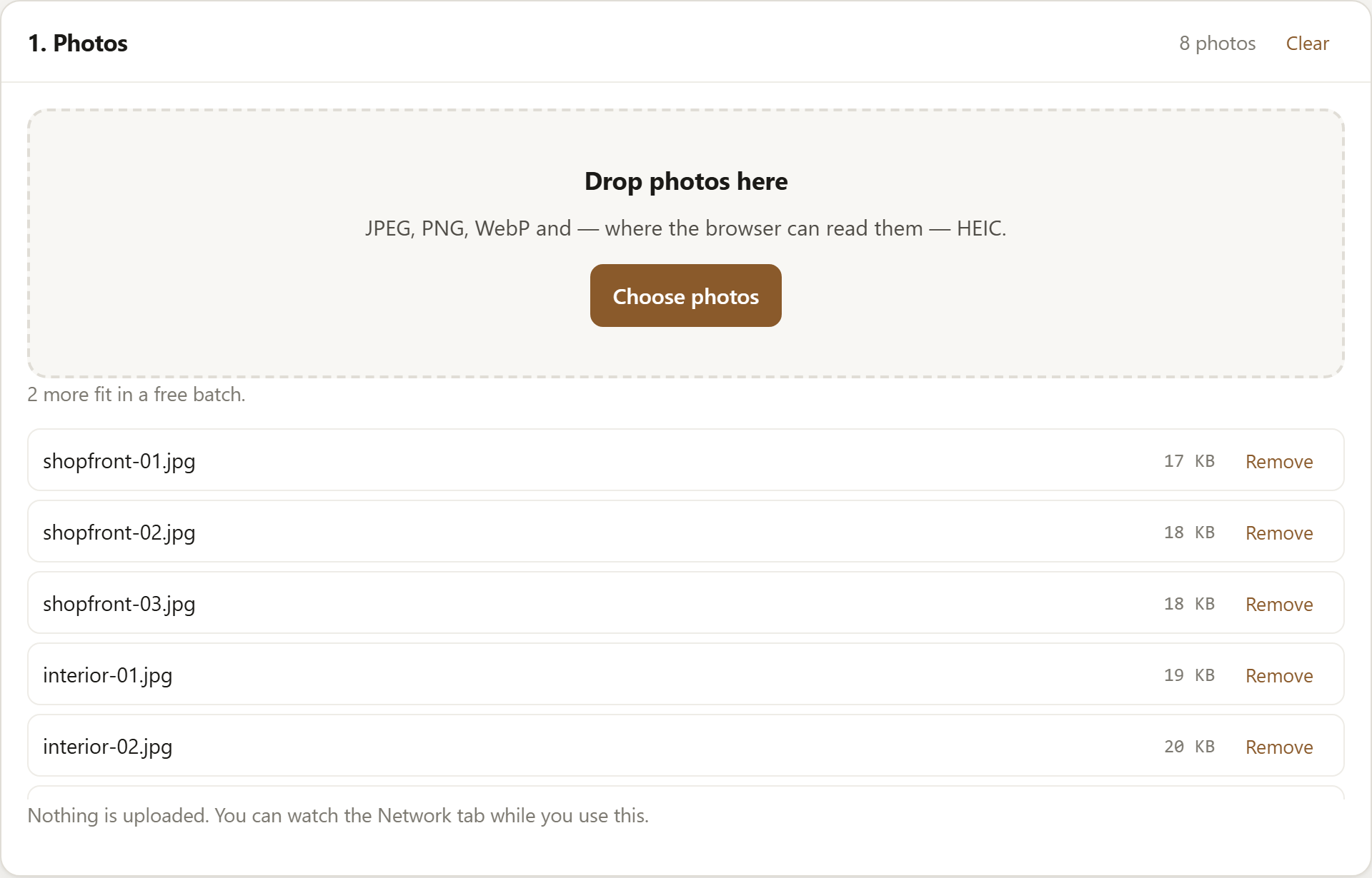 The Photos panel of SignetDrop with eight JPEG files added, each listed with its size and a Remove button, under a dashed drop area reading Drop photos here.