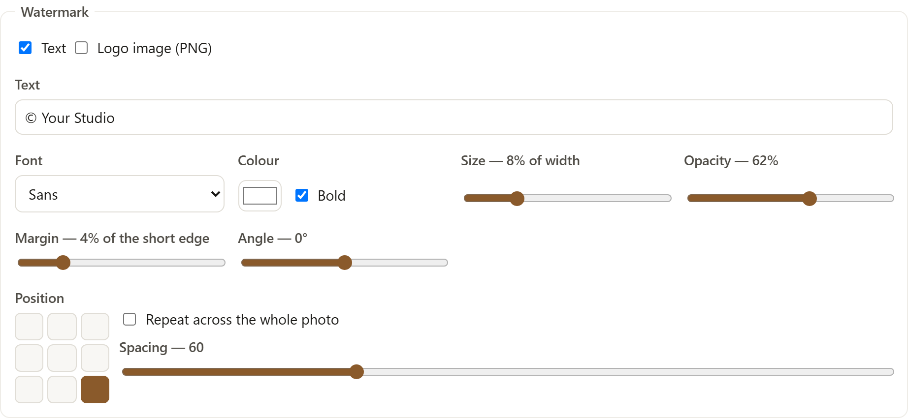 SignetDrop's Watermark settings: the text © Your Studio, font Sans, bold, size 8% of width, opacity 62%, margin 4%, angle 0°, and a three-by-three position grid with the bottom-right square selected.